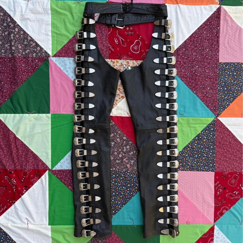 L.A. Roxx Black Leather Chaps with Silver Buckles and Western Longhorn Motif